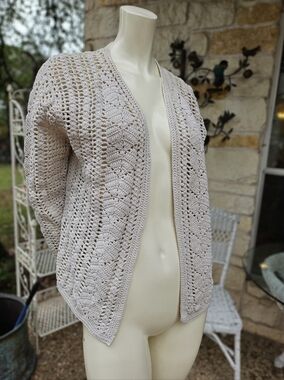 Vintage Hand Made With Love Ecru Taupe Crochet Cotton Mid Length Cardigan M